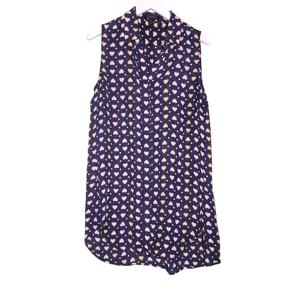 J Crew Sheer Silk Sleeveless Button Up Shirt Navy Heart Print 2 Tall